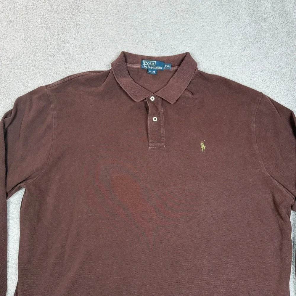 Vintage Polo Ralph Lauren Mens XXL Brown Long Sleeve Pique Polo Shirt Cotton Y2K